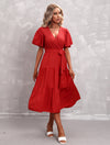 Flute Sleeve Wrap Midi Dress