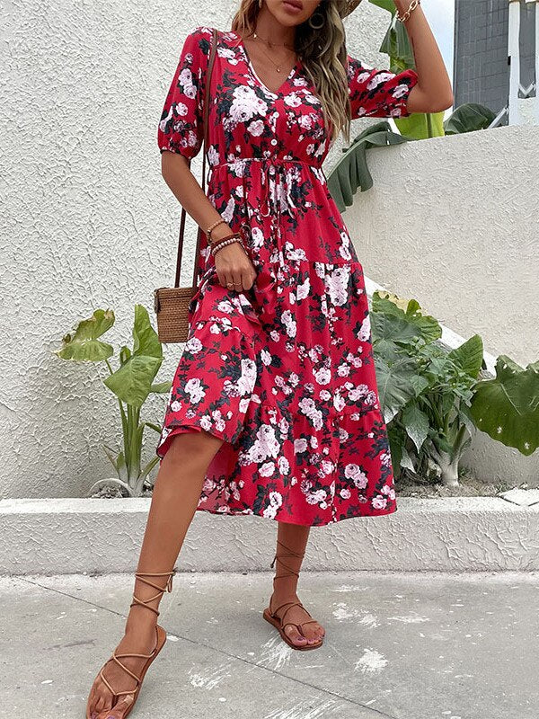 Split Sleeve Printed Midi Dress