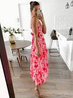 Red Floral Backless Maxi Dress