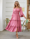 Flute Tired Sleeve Smocked Waist Button Down Midi Dress