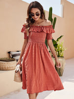 Off Shoulder Smocked Midi Dress