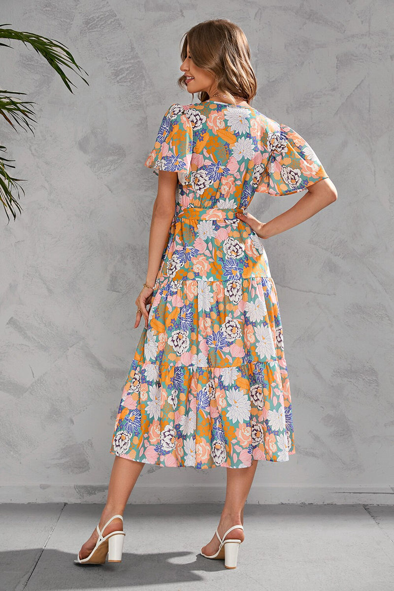 Flute Sleeve Wrap Midi Dress