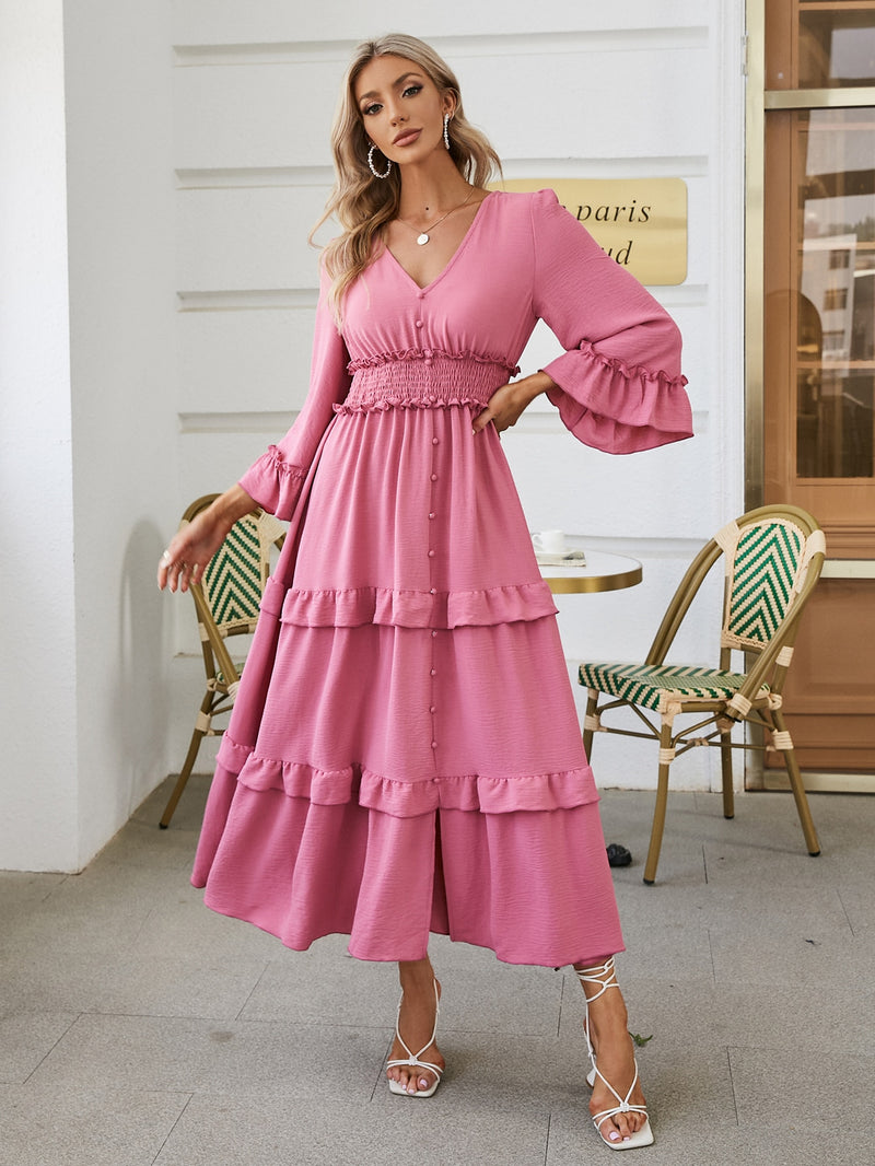 Flute Tired Sleeve Smocked Waist Button Down Midi Dress