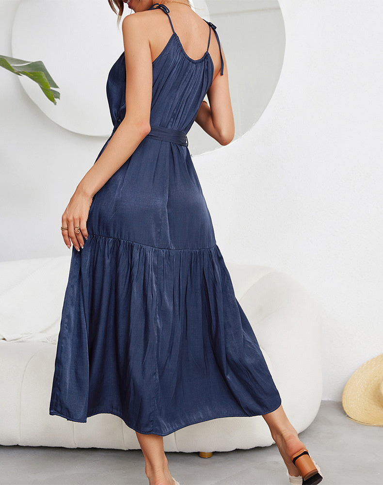 Tiered Belted Halterneck Maxi Dress