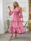 Flute Tired Sleeve Smocked Waist Button Down Midi Dress