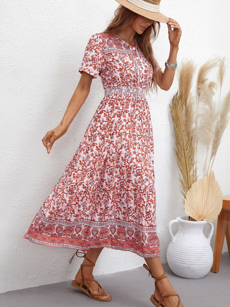 Smocked Waist Print Midi Dress