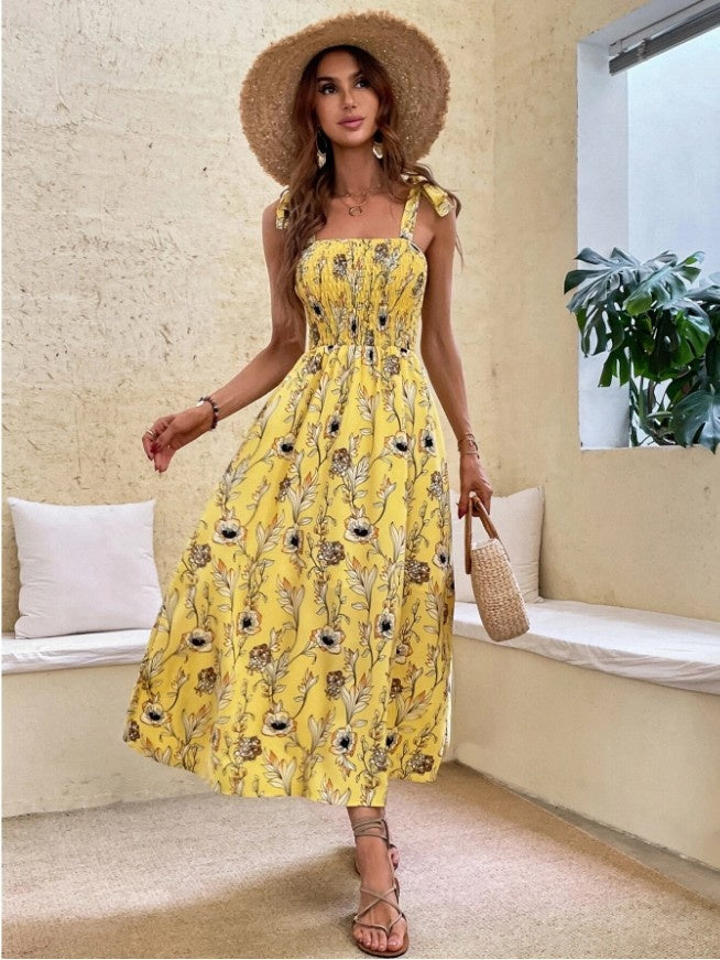 Shoulder Bow Floral Midi Dress