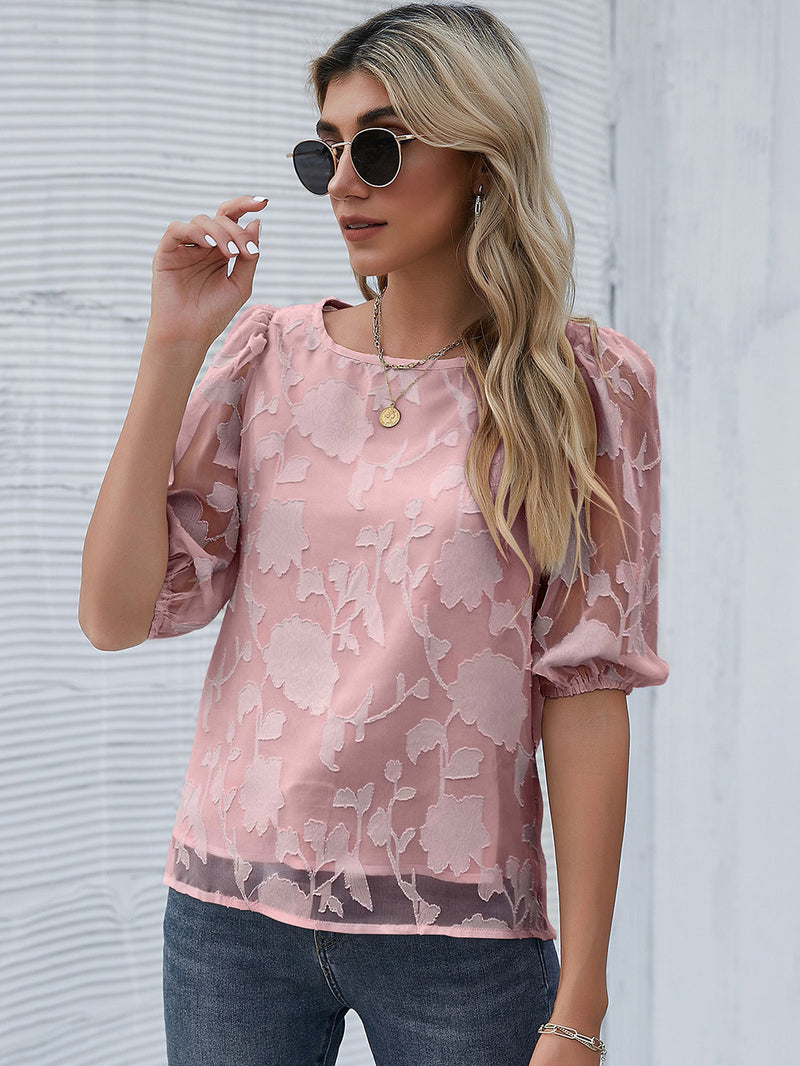 Sheer Embroidered Half Sleeve Top