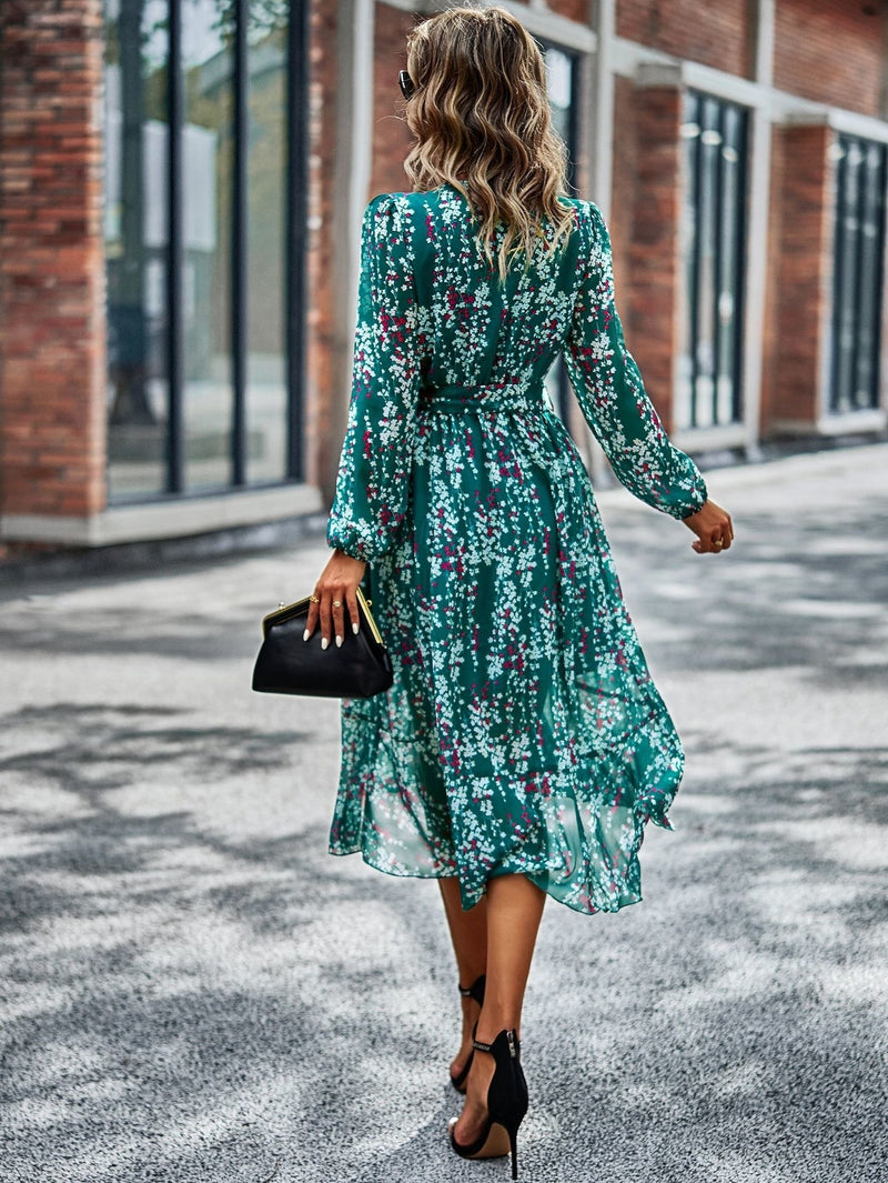 Floral V Neck Belted Wrap Dress