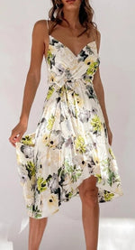 Satin Cross Over Floral Midi Dress