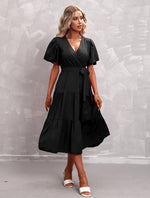 Flute Sleeve Wrap Midi Dress