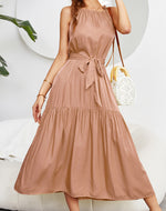 Tiered Belted Halterneck Maxi Dress