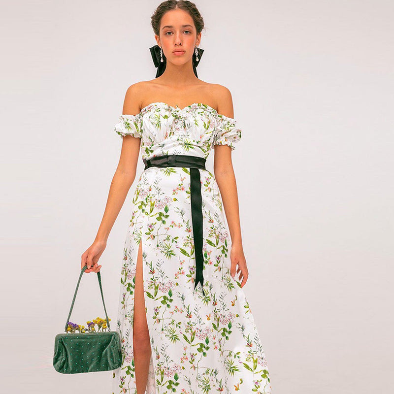 Cold Shoulder Satin Floral Maxi Dress